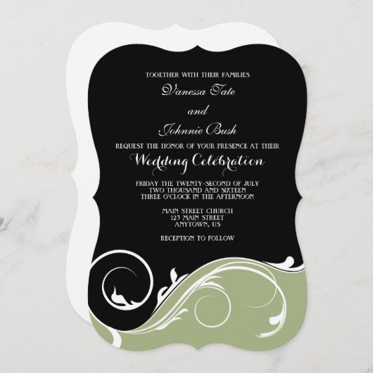 Invitation Sage Olive Black Swirl Bracket Wedet Invite (Devant / Derrière)