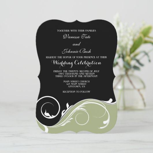 Invitation Sage Olive Black Swirl Bracket Wedet Invite (Debout devant)