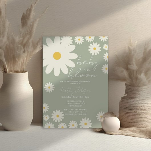 Invitation Sage Olive Daisy Floral Baby in Bloom Douche