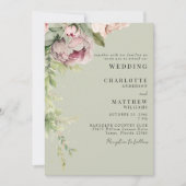 Invitation Sage & Peonies Aquarelle Rose Mariage élégant (Devant)