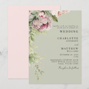 Invitation Sage & Peonies Aquarelle Rose Mariage élégant