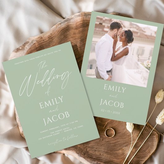 Invitation Sage photo Mariage simple Script vert