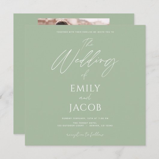 Invitation Sage photo Mariage simple Script vert (Devant / Derrière)