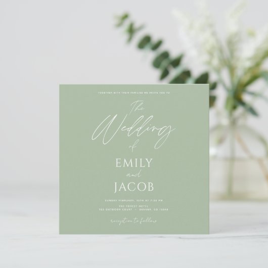 Invitation Sage photo Mariage simple Script vert (Debout devant)