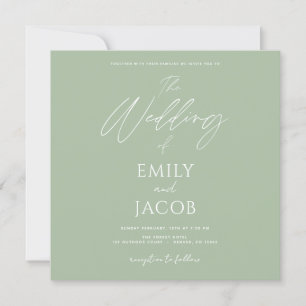 Invitation Sage photo Mariage simple Script vert