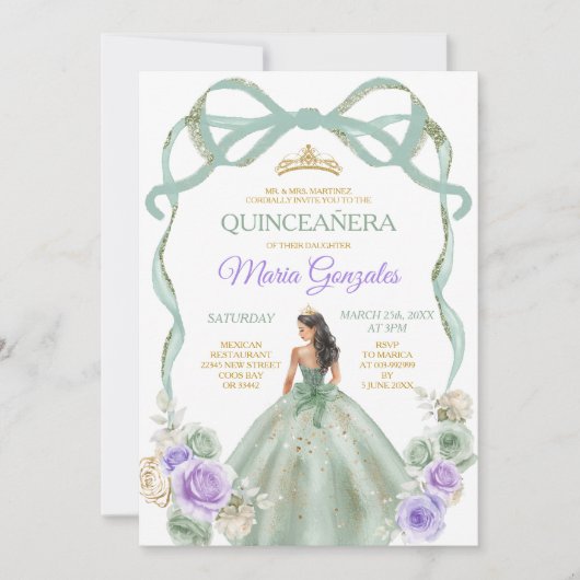 Invitation Sage Purple Bow Princess Gold Crown Quinceañera (Devant)