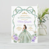 Invitation Sage Purple Bow Princess Gold Crown Quinceañera (Debout devant)