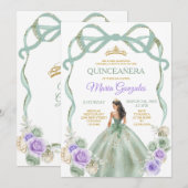Invitation Sage Purple Bow Princess Gold Crown Quinceañera (Devant / Derrière)