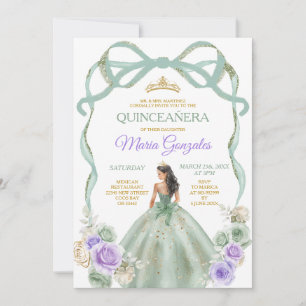 Invitation Sage Purple Bow Princess Gold Crown Quinceañera