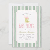 Invitation Sage rayée Matcha Bubble Tea Fille Baby Shower (Devant)
