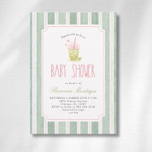 Invitation Sage rayée Matcha Bubble Tea Fille Baby Shower