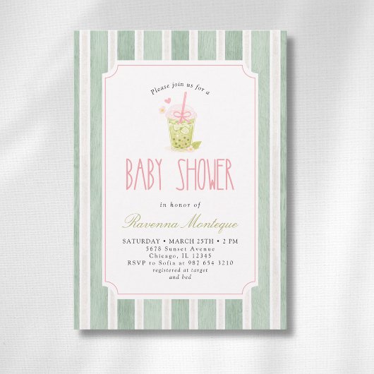 Invitation Sage rayée Matcha Bubble Tea Fille Baby Shower