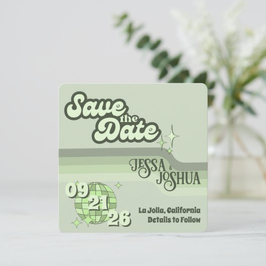 Invitation Sage Retro Funky Disco Mariage - Enregistrer la da (Debout devant)