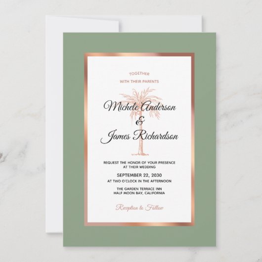 Invitation Sage Rose Gold Copper Palm Tree Beach Mariage (Devant)