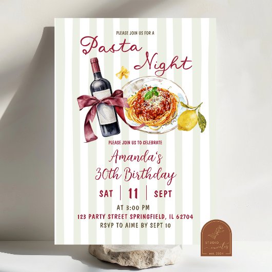 Invitation Sage Rose Rayure Pasta Night Anniversaire Dîner