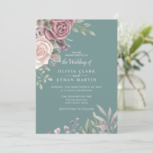 Invitation Sage Rustique Dusty Rose Aquarelle Boho Fleurs (Debout devant)
