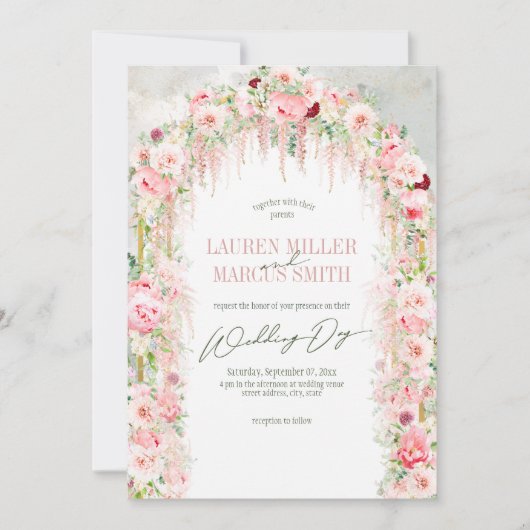 Invitation Sage Rustique Vert & Arche Florale Rose (Devant)