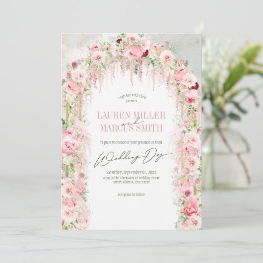 Invitation Sage Rustique Vert & Arche Florale Rose (Debout devant)