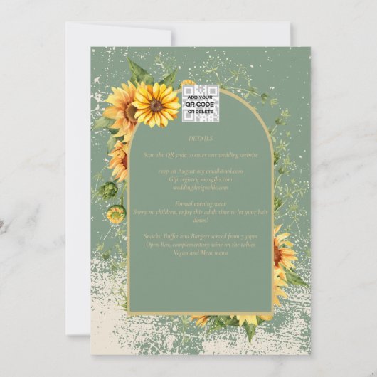 Invitation Sage rustique Vert Tournesols Jaunes Mariage Allin (Dos)