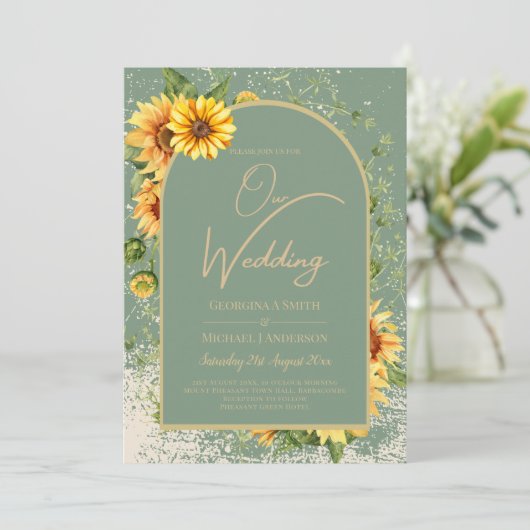 Invitation Sage rustique Vert Tournesols Jaunes Mariage Allin (Debout devant)