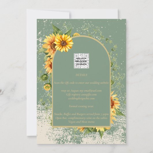 Invitation Sage rustique Vert Tournesols Jaunes Mariage Allin (Dos)