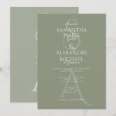 Invitation Sage Script Divine Contemporaine Monogramme Mariag (Devant / Derrière)