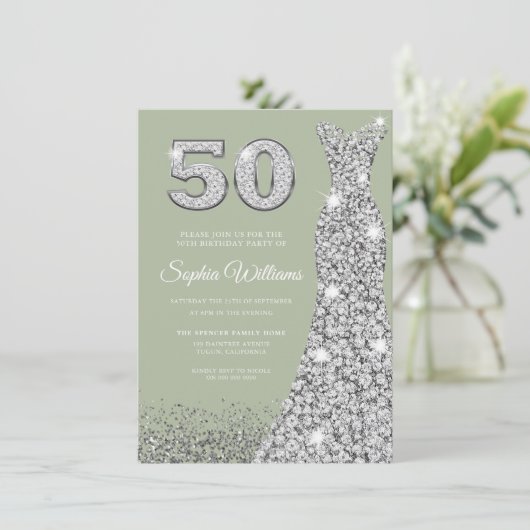 Invitation Sage & Silver Gown 50e fête d'anniversaire (Debout devant)