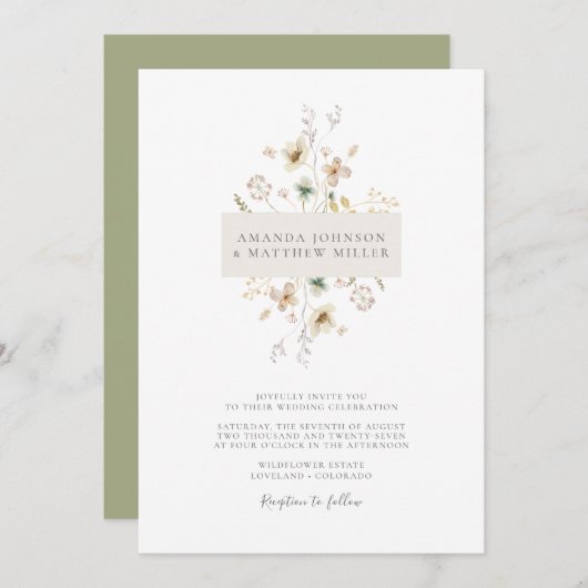 Invitation Sage Simple Minimal Élégant Mariage Floral Pressé (Devant / Derrière)