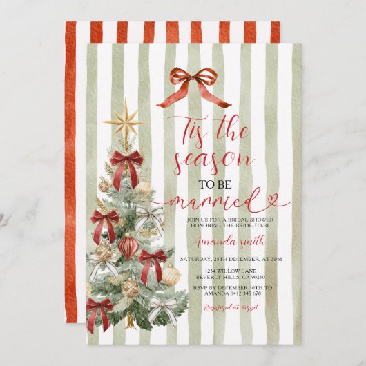 Invitation Sage Stripes Red Bow Christmas Tree Couple Wedding (Devant / Derrière)