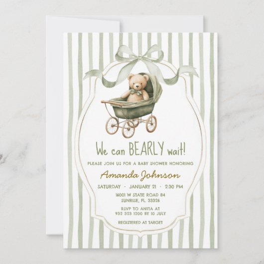 Invitation Sage Stroller Nous Pouvons Bearly Wait Baby shower (Devant)