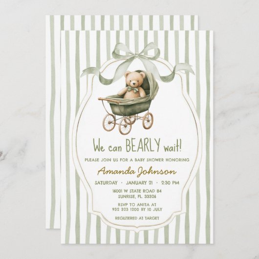 Invitation Sage Stroller Nous Pouvons Bearly Wait Baby shower (Devant / Derrière)