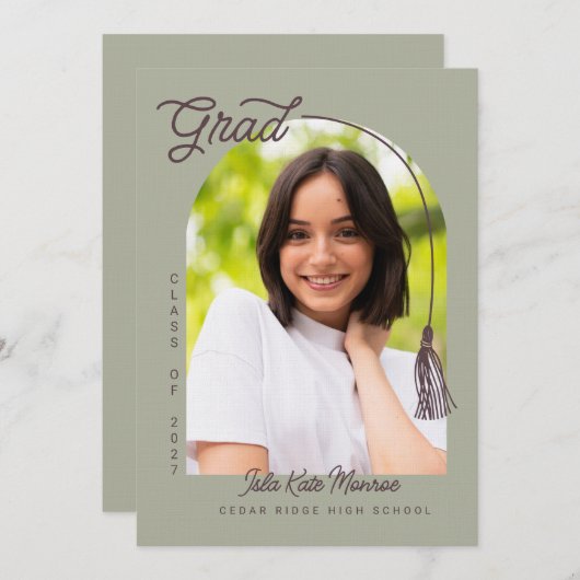 Invitation Sage Tassel Grad Announcement with Photo (Devant / Derrière)