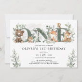 Invitation Sage verdure Animaux de la forêt 1er Premier Anniv (Devant)