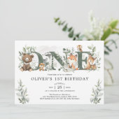 Invitation Sage verdure Animaux de la forêt 1er Premier Anniv (Debout devant)