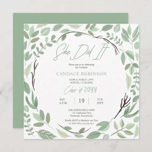 Invitation Sage Vert aquarelle Feuille cadre partie de gradua (Devant / Derrière)