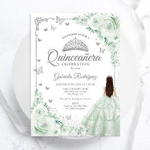 Invitation Sage Vert Aquarelle Roses Argent Quinceanera
