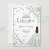 Invitation Sage Vert Aquarelle Roses Argent Quinceanera (Devant)