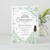 Invitation Sage Vert Aquarelle Roses Argent Quinceanera (Debout devant)