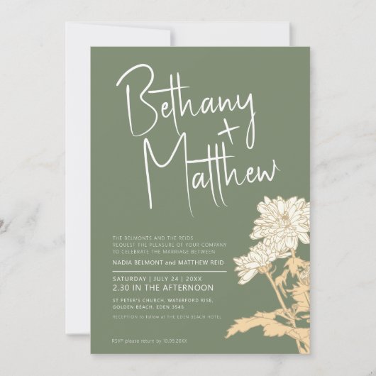 Invitation Sage vert automne fleurs calligraphie script maria (Devant)