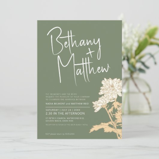 Invitation Sage vert automne fleurs calligraphie script maria (Debout devant)