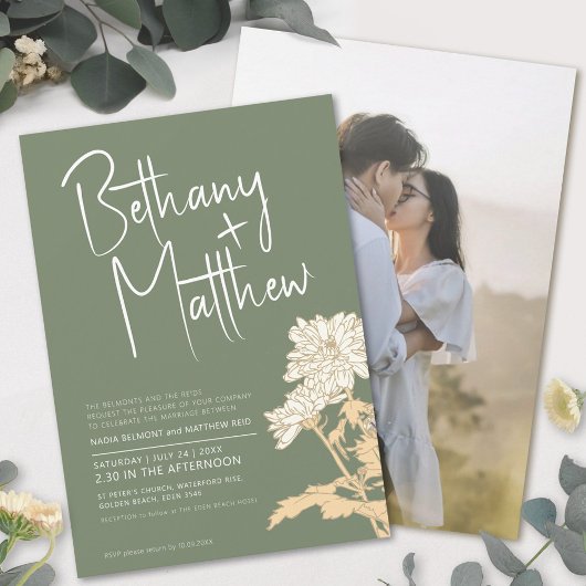 Invitation Sage vert automne fleurs calligraphie script maria