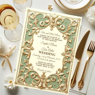 Invitation Sage Vert Baroque Grandeur Floral Motif Faux Or