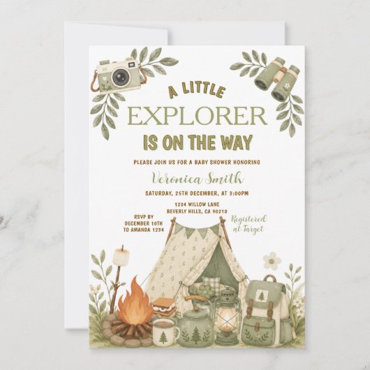 Invitation Sage Vert Bébé Little Explorer Shower de Camping (Devant)