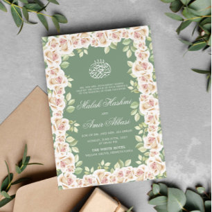 Invitation Sage Vert Blanc Floral Islamique Mariage musulman