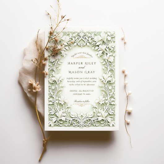 Invitation Sage Vert Blanc Iris Mariage Faux Conception Embos