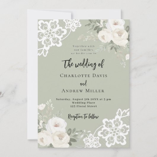 Invitation Sage vert blanc roses verdure mariage (Devant)