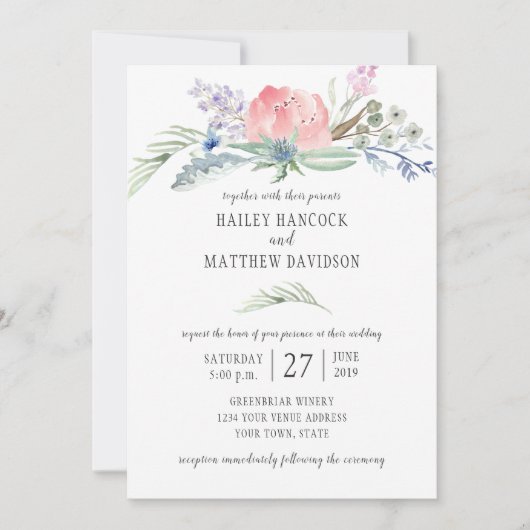 Invitation Sage Vert bleu rose Fleurs Mariage vert (Devant)