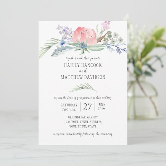 Invitation Sage Vert bleu rose Fleurs Mariage vert (Debout devant)