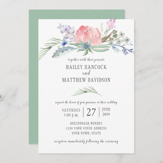 Invitation Sage Vert bleu rose Fleurs Mariage vert (Devant / Derrière)