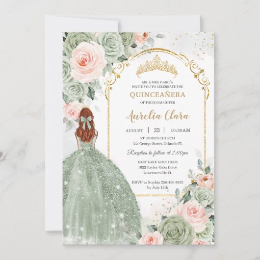 Invitation Sage Vert Blush Floral Or Quinceañera Sweet 16 (Devant)